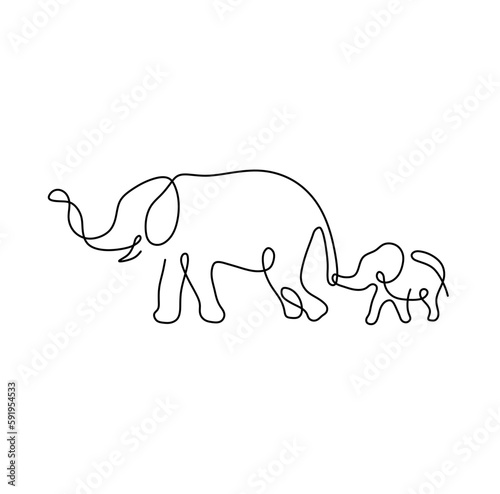 Vector isolated two walking elephants mother and baby elephant side view one single line colorless black and white contour line easy drawing