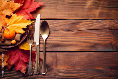 spoon, fork, knife and autumn leaves on a wooden background with copy space. thanksgiving and halloween concept. ai generative