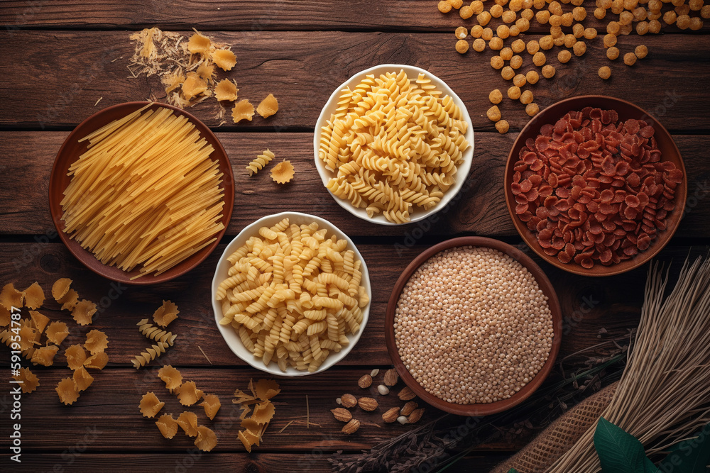 different varieties of pasta and cereals lie in plates on a wooden surface, top view, texture background. natural healthy food, vegan diet. Natural healthy food, vegan diet. Generative AI different varieties of pasta and cereals lie in plates on a wooden surface, top view, texture background. natural healthy food, vegan diet. Natural healthy food, vegan diet. Generative AI
