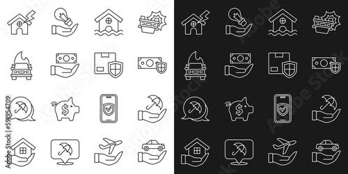 Set line Car insurance, Umbrella hand, Money with shield, House flood, Burning car, lightning and Delivery security icon. Vector