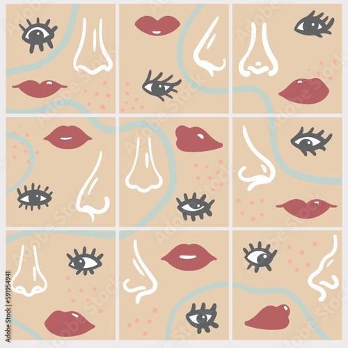 Nine pastel-coloured backgrounds depicting different shapes of nose, mouth and eye in a flat style. A simple illustration. Modern surreal vector art. Abstraction. © Maryna