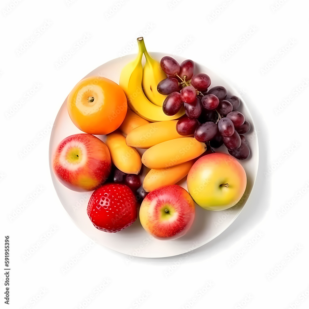 Fruits On Plate Isolated On White Background. Generative AI Fruits On Plate Isolated On White Background. Generative AI