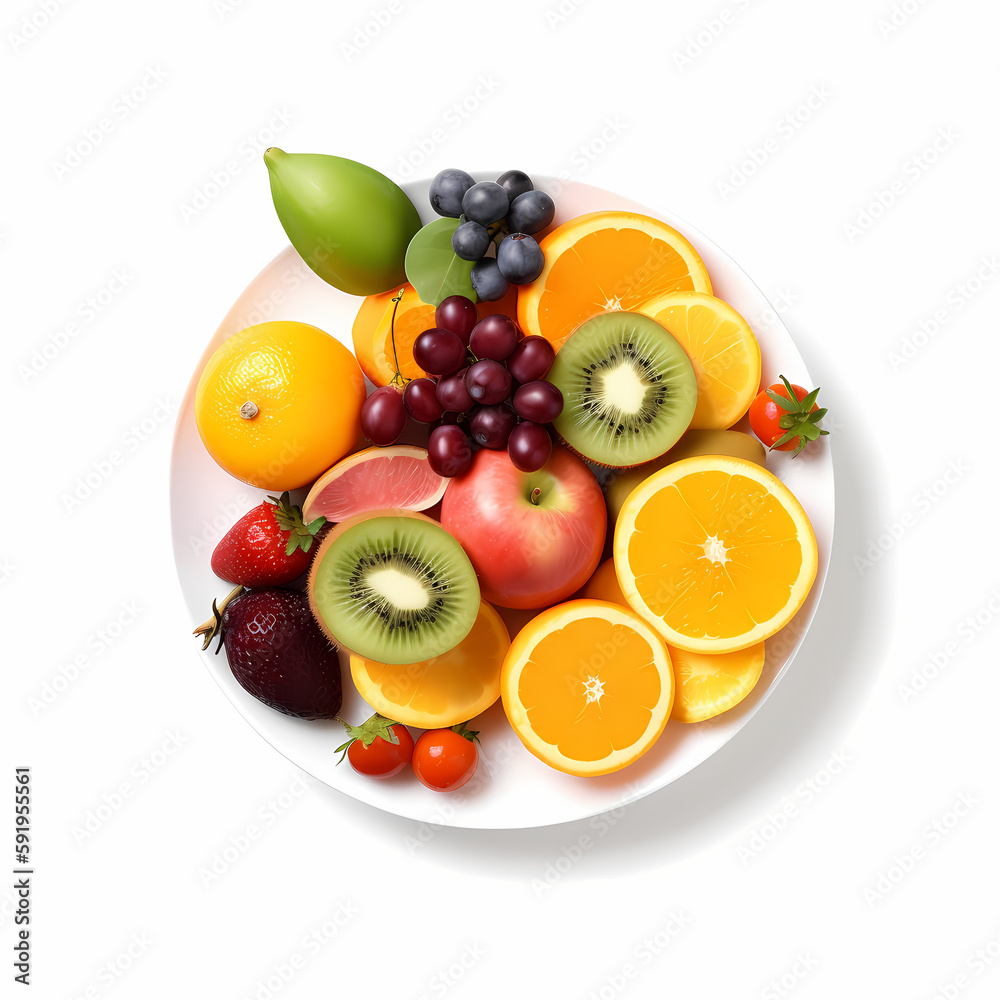 Fruits On Plate Isolated On White Background. Generative AI Fruits On Plate Isolated On White Background. Generative AI