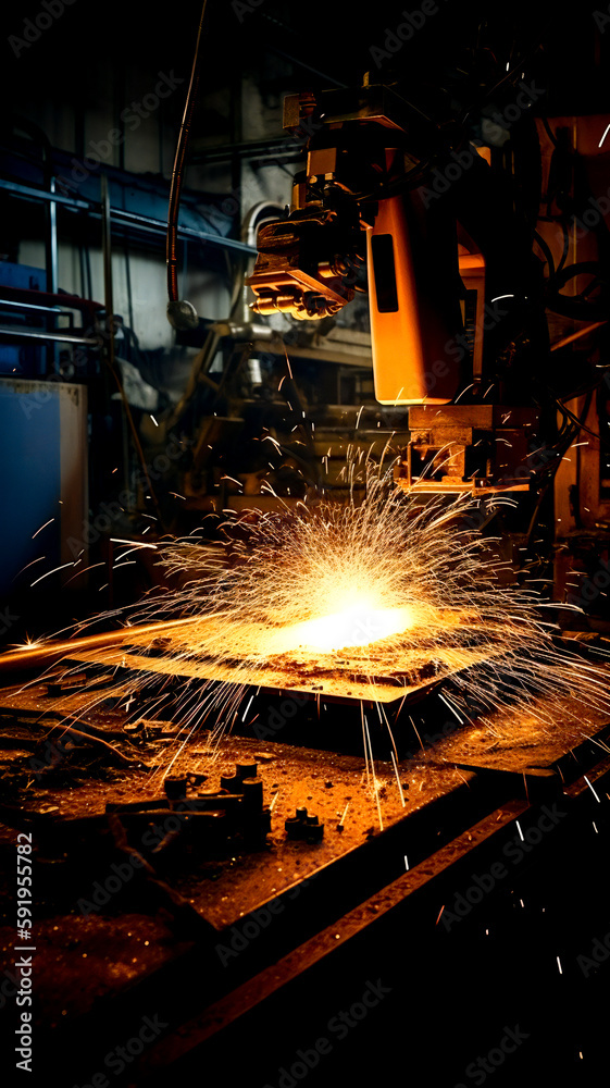 Generic automated machine welding or cutting metal, with lots of melted metal sparks around. Industrial setting. Created with Generative AI technology. Generic automated machine welding or cutting metal, with lots of melted metal sparks around. Industrial setting. Created with Generative AI technology.