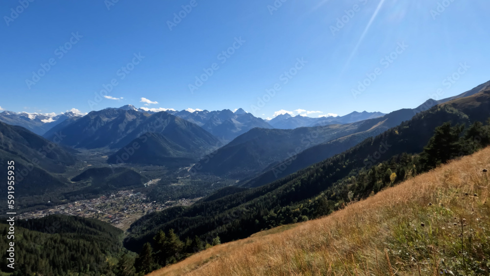 mountainscape, picture of Arkhyz mountain ridge at autumn with blue sky - photo of nature
