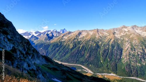 mountainscape, view of Arkhyz mountains at autumn with blue sky - photo of nature