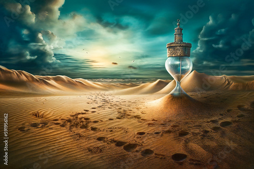 Old hour glasses on desert dunes at sunset. Surreal time metaphor composition. Time related concept. Created with Generative AI technology.