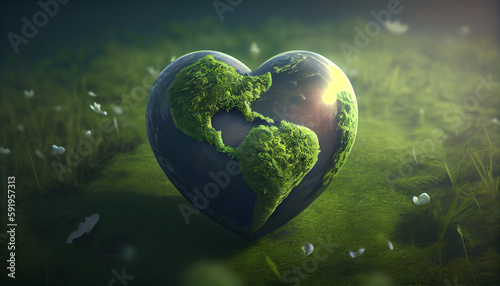 Heart shaped planet on green meadow. Earth day concept. Ai generated image