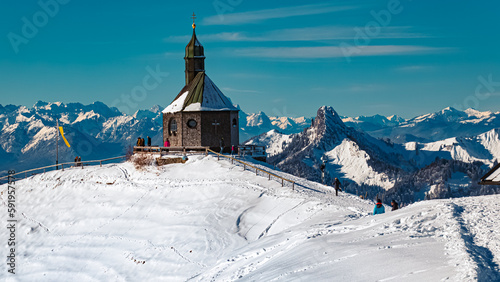 Alpine winter view with a chapel at Mount Wallberg, Rottach-Egern, Lake Tegernsee, Bavaria, Germany