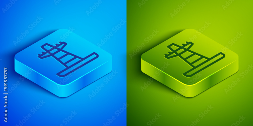 Isometric line Electric tower used to support an overhead power line icon isolated on blue and green background. High voltage power pole line. Square button. Vector