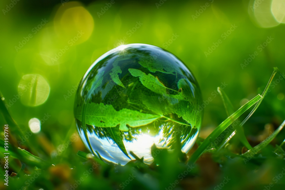 A crystal ball on green grass with reflection of green natural background. Generative AI