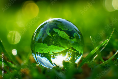 A crystal ball on green grass with reflection of green natural background. Generative AI