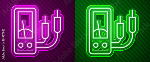 Glowing neon line Ampere meter, multimeter, voltmeter icon isolated on purple and green background. Instruments for measurement of electric current. Vector