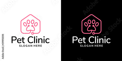 Stethoscope with pet clinic logo design vector illustration. house pet clinic with line style. icon, health animals concept symbol, creative, logotype.
