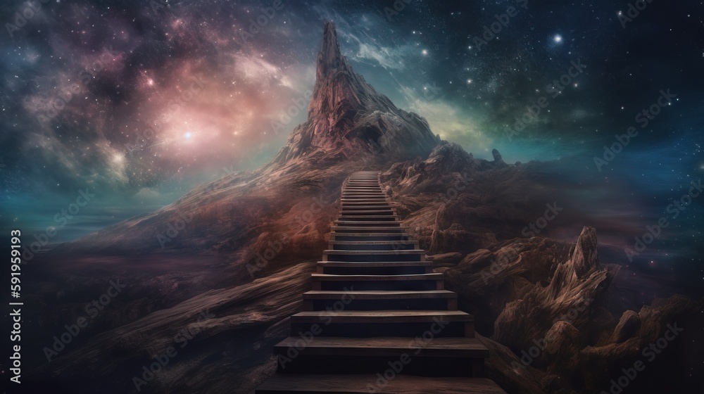 Φωτογραφία a stairway leading to a mountain with stars in the sky above and below it is a stairway leading to a mountain with stars in the sky above and below