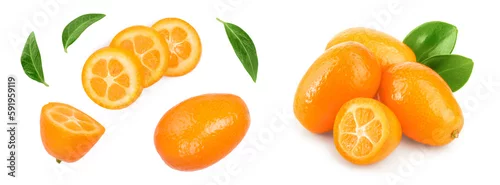 Panel kuchenny z motywem Cumquat or kumquat with slies isolated on white background. Top view. Flat lay