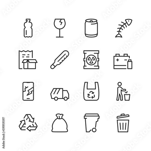 Garbage, linear style icons set. Different types of garbage. Sorting Plastic, glass, iron, organics, paper, medical, chemically hazardous, radioactive, battery. Editable stroke width