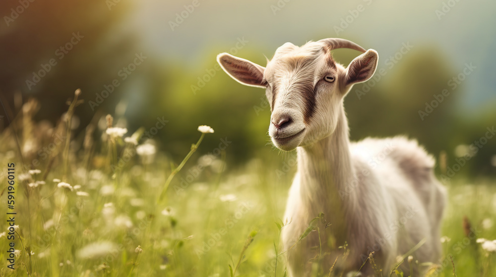 White goat on a meadow photo with generative ai technology White goat on a meadow photo with generative ai technology