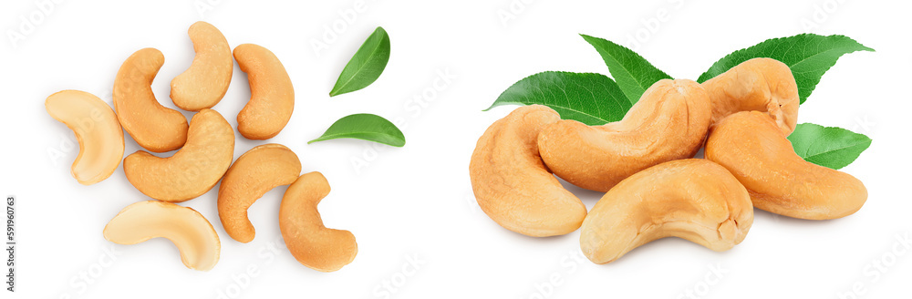 Roasted Cashew nuts isolated on white background with full depth of field. Top view. Flat lay Roasted Cashew nuts isolated on white background with full depth of field. Top view. Flat lay