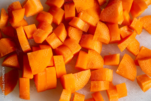 Diced carrots. Close-up. Food background. Vegetarianism, diet.