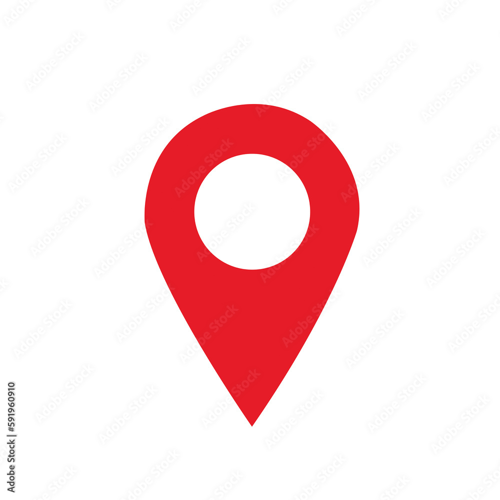 Icono de punto de alfiler rojo. mapa dirección ubicación puntero símbolo sobre un fondo blanco liso y aislado. Vista de frente y de cerca. Copy space - obrazy, fototapety, plakaty 