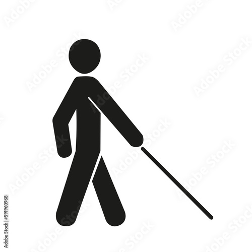  Icono de hombre ciego con bastón sobre un fondo blanco liso y aislado. Vista de frente y de cerca. Copy space