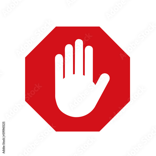 Icono de señal de stop con una mano sobre un fondo blanco liso y aislado. Vista de frente y de cerca. Concepto: prohibido.