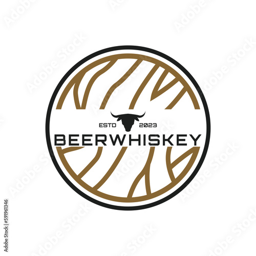 Wooden Barrel Keg with Bull Buffalo Longhorn Skull for Classic American Beer Logo Design