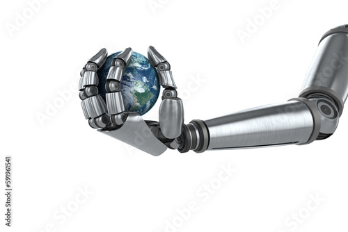 Digitally generated image of chrome robotic hand with globe