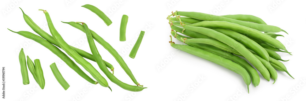 Green beans isolated on a white background , Top view. Flat lay Green beans isolated on a white background , Top view. Flat lay