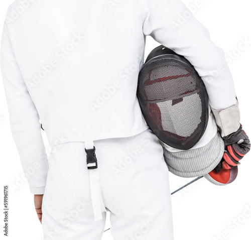 Rear view of swordsman holding fencing mask and sword