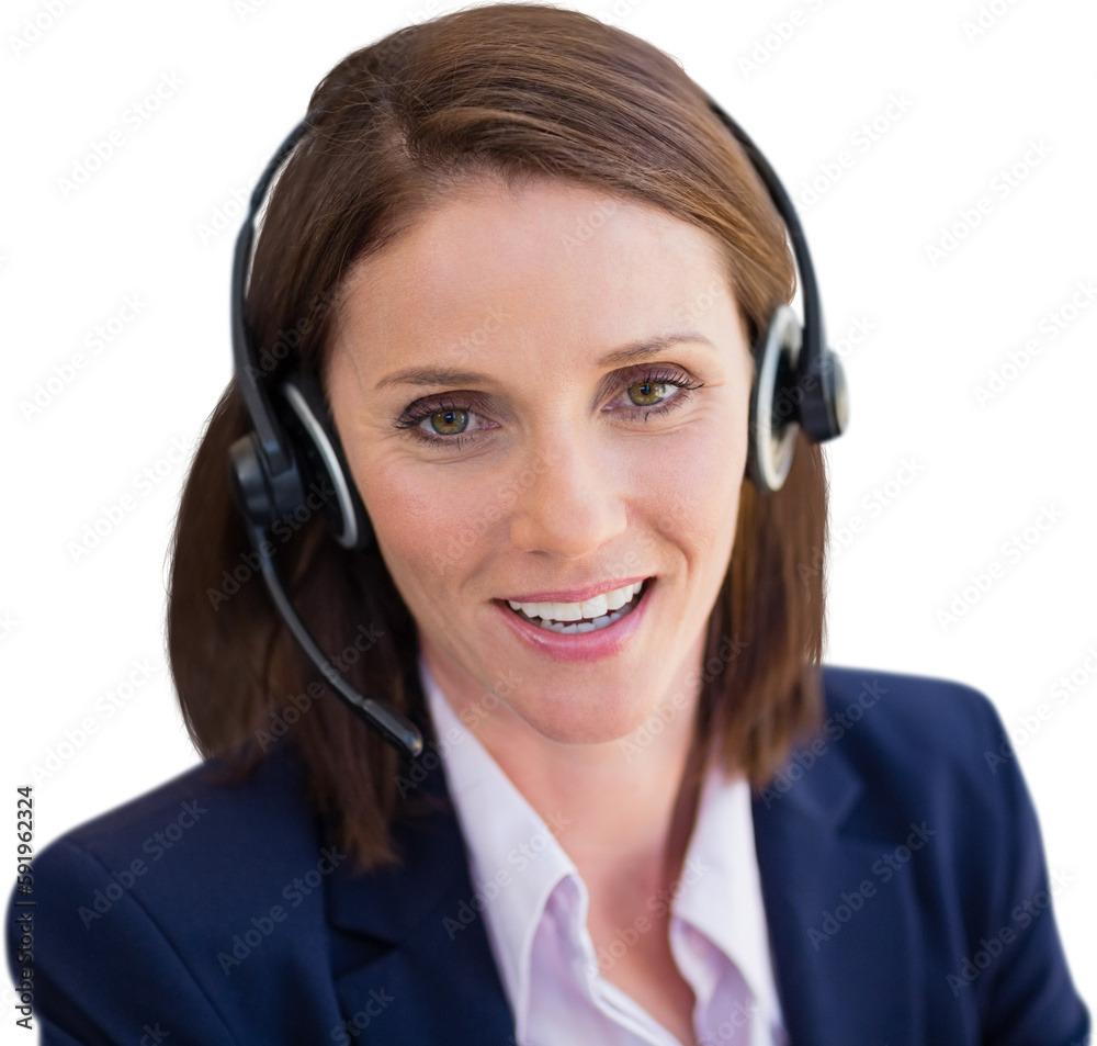 Close-up of smiling woman talking on microphone headset Close-up of smiling woman talking on microphone headset