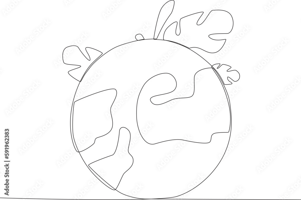 Earth with leaves behind it. World environment day one-line drawing Earth with leaves behind it. World environment day one-line drawing