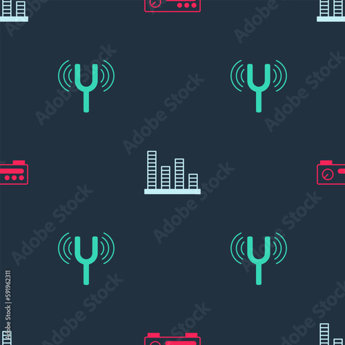 Set Sound mixer controller, Music equalizer and Musical tuning fork on seamless pattern. Vector