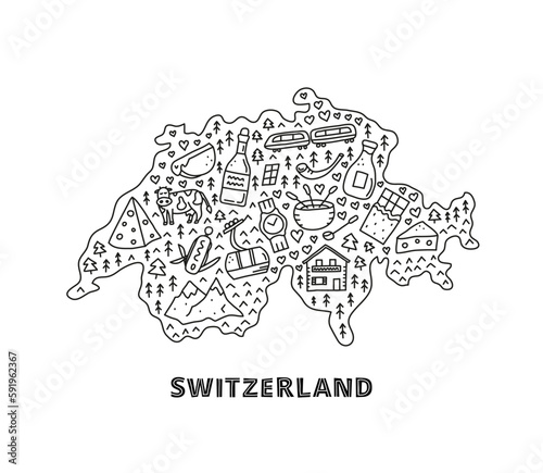 Doodle outline Switzerland tourist map.