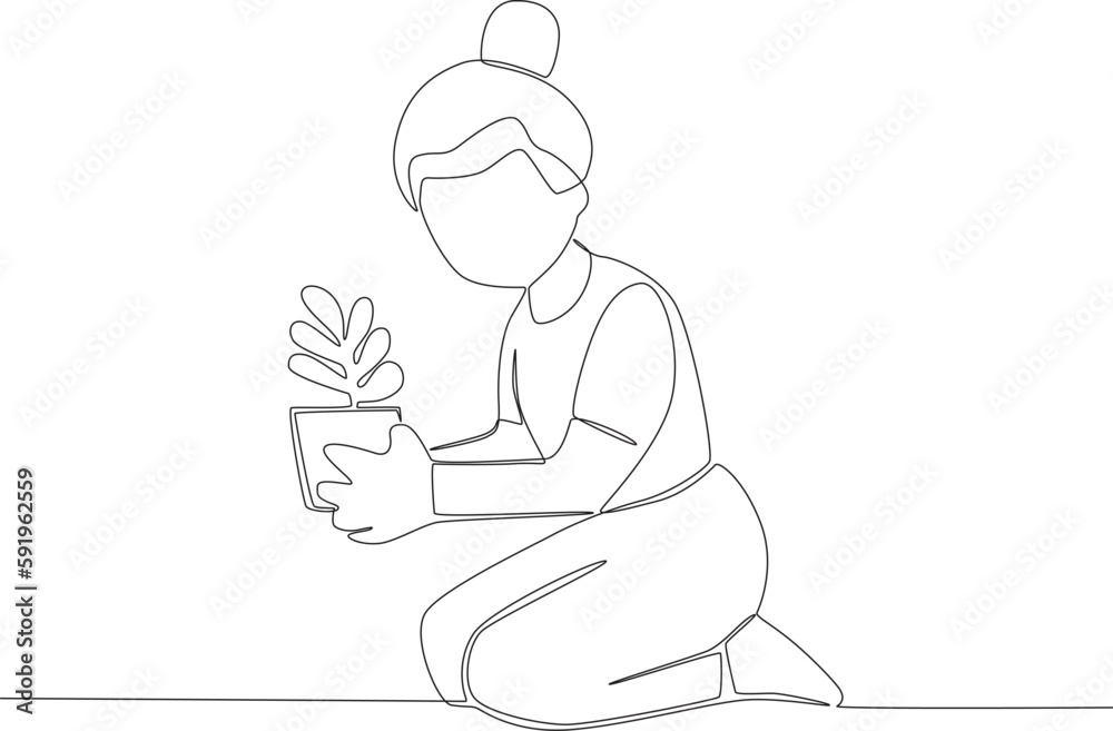 A woman sits with a flower in a pot. World environment day one-line drawing