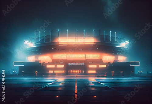 Large modern game show stadium with neon lights shining into fog. Generative AI