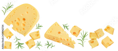 piece of cheese isolated on white background. Top view with copy space for your text. Flat lay