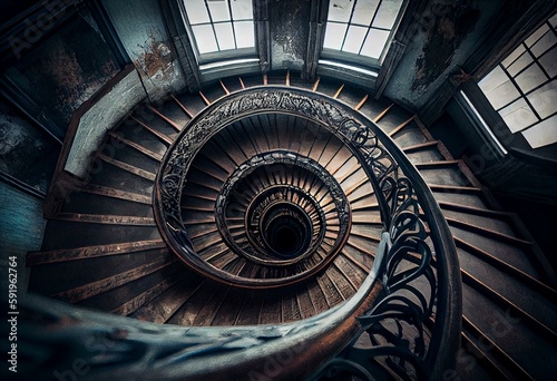 Stairs spiral inside the lighthouse. Generative AI photo