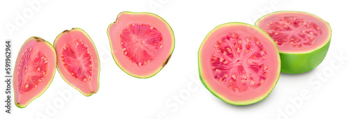 Guava fruit slices isolated on white background with full depth of field. Top view. Flat lay