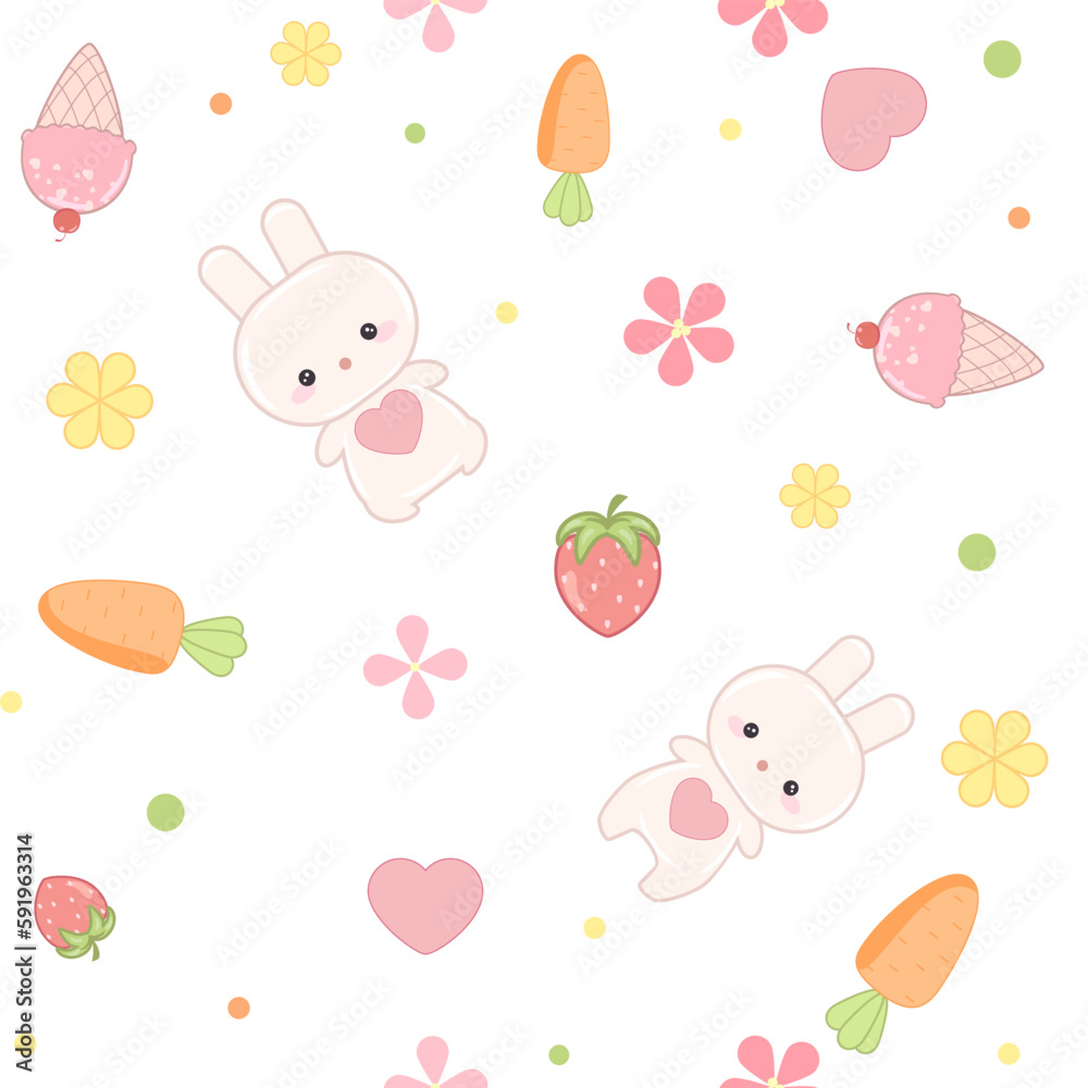 Cheerful, cute, spring easter pattern with cute, kawaii bunny, flowers, carrots, in pastel colors, decor element for fabric, wallpaper, wrapper, packaging