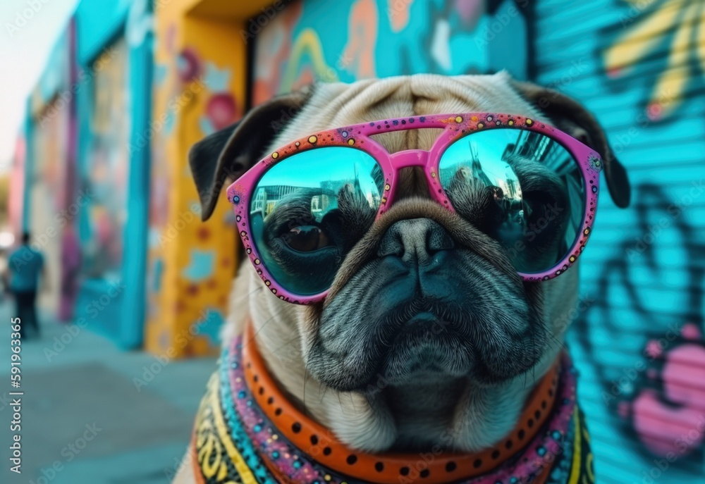 Coolest doggy in town. Adorable pug with trendy sunglasses portrait, exploring the arty suburbs and downtown areas of Los Angeles. Cyan blue summer color tones - Generative AI