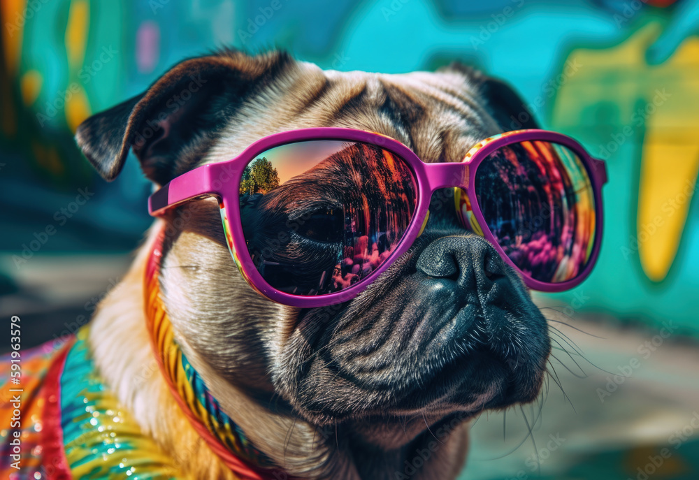 Coolest doggy in town. Adorable pug with trendy sunglasses portrait, exploring the arty suburbs and downtown areas of Los Angeles. Cyan blue summer color tones - Generative AI