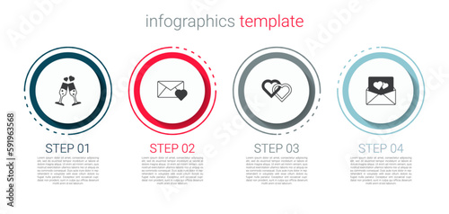Set Glass of champagne, Envelope with Valentine heart, Two Linked Hearts and . Business infographic template. Vector