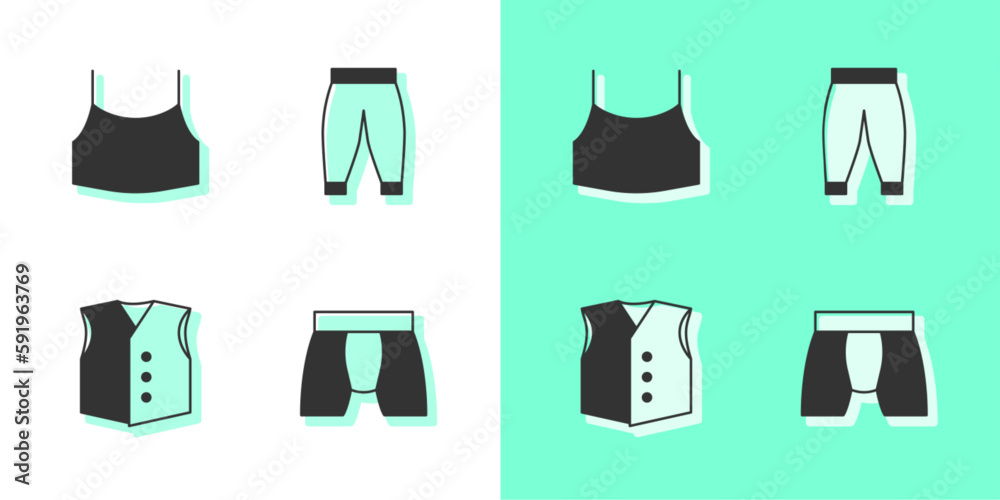 Set Men underpants, Female crop top, Waistcoat and Pants icon. Vector