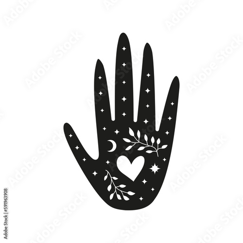 Witchy hand with leafy twigs, heart, moon and stars.