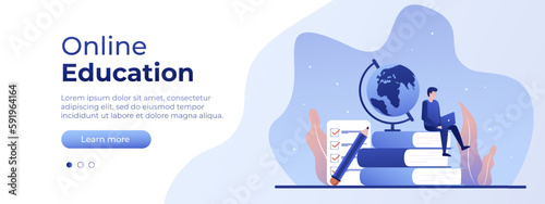Online education concept. Vector layout for website page. Illustration in flat style with people studying remotely. Students learning online at home. Vector illustration EPS 10
