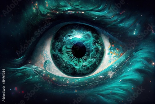 Generative AI illustration of a cosmic being, each eye is a neutron star, his mouth is a black hole, and he gives off a malachite green aura
