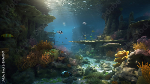 A coral reef with sea creatures that have the ability to change their shape and color  and underwater caves filled with glowing orbs photorealistic