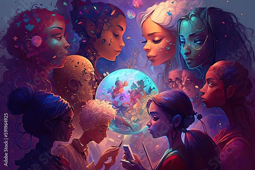 Generative AI illustration of a multiverse of speech, a fantasy world where everyone can talk, colorful, diverse avatars interacting with each other, human rights and women's rights